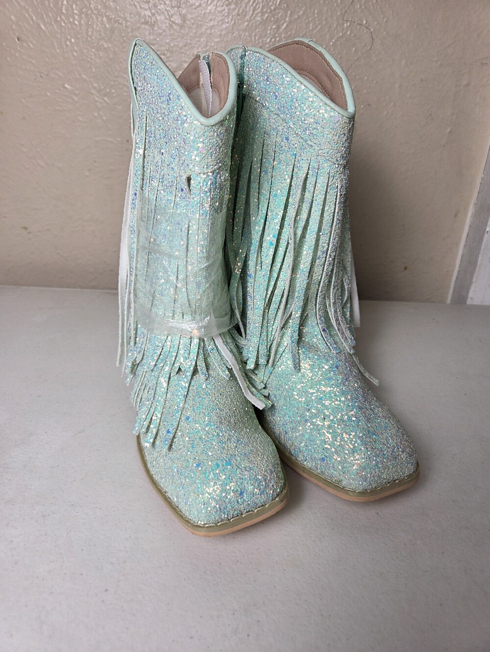 A Bear Co Boots Fringe Aqua Cowgirl Shoes Sparkly Size 4Y Little Girls